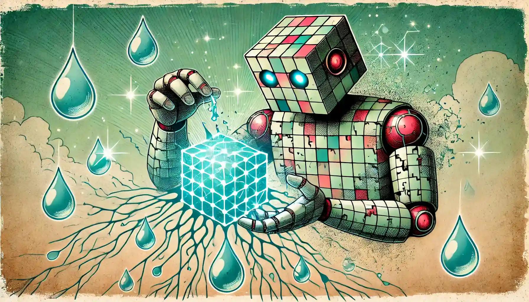 Humanoid robot mending cracks on a glowing network grid