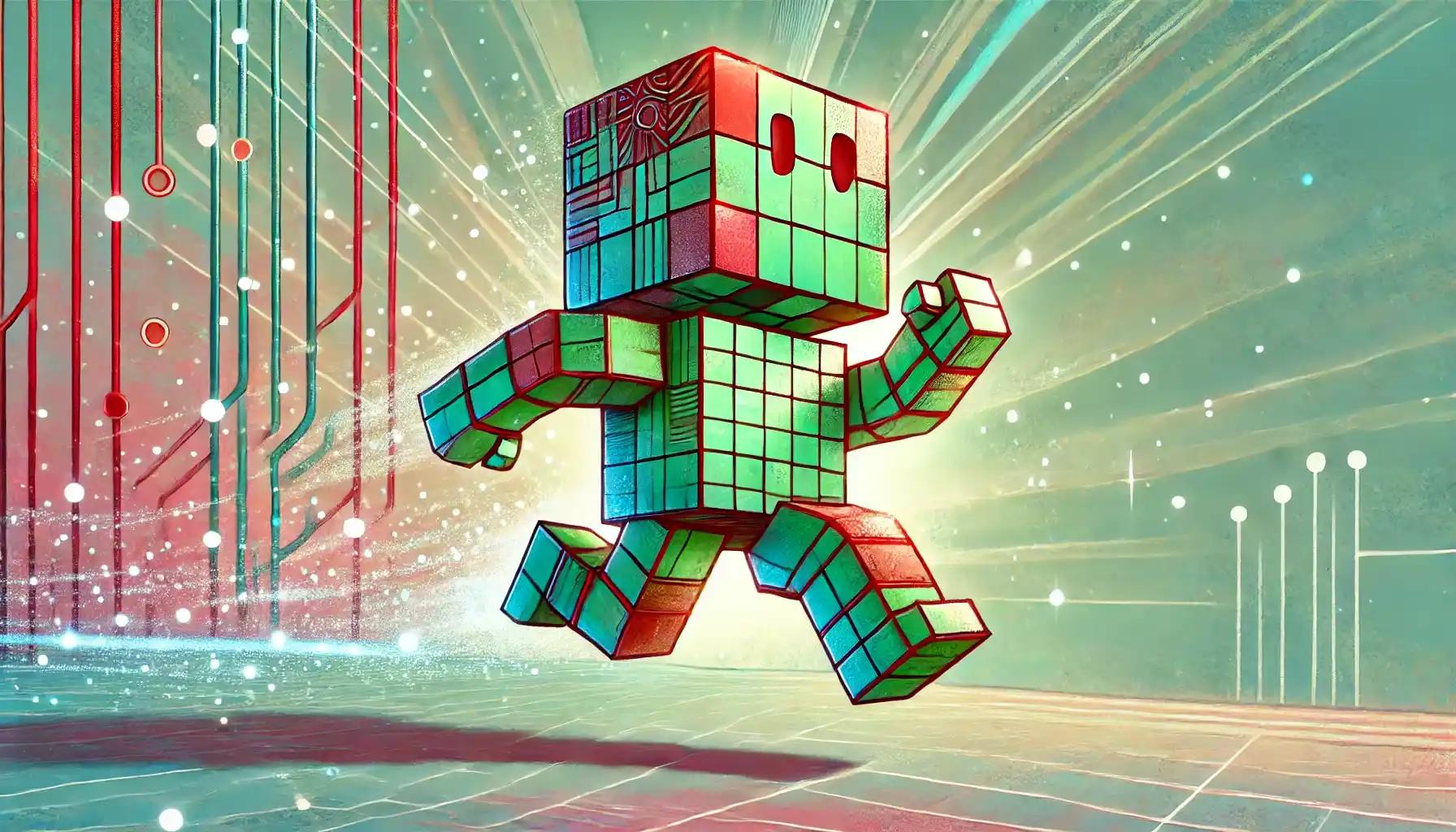 Humanoid robot vaulting glowing digital landscape