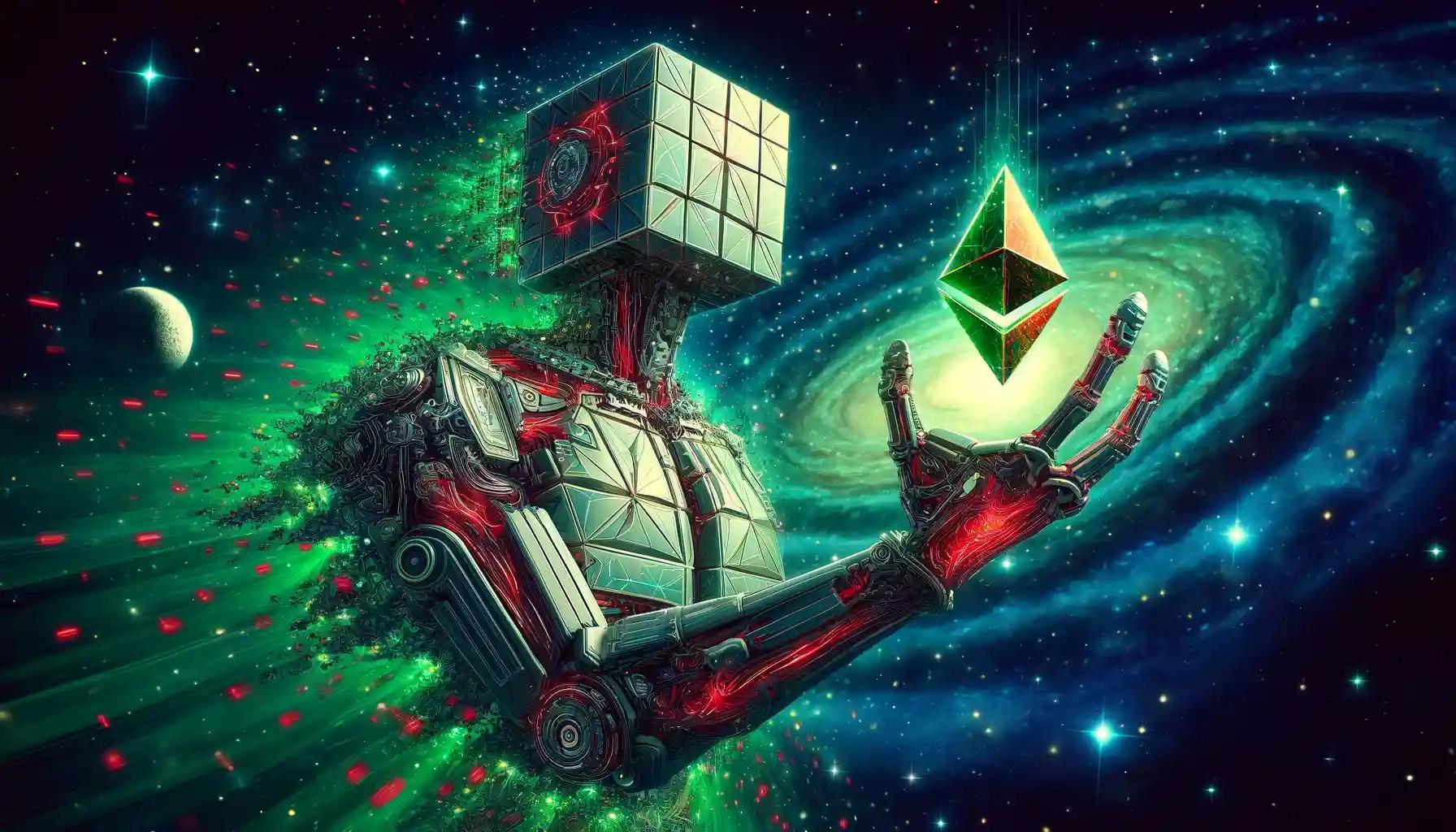 Hyper-realistic robotic arm grasping energized Ethereum crystal