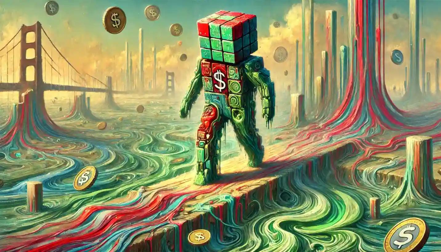 Impressionist oil-painted robot walking on a dissolving bridge