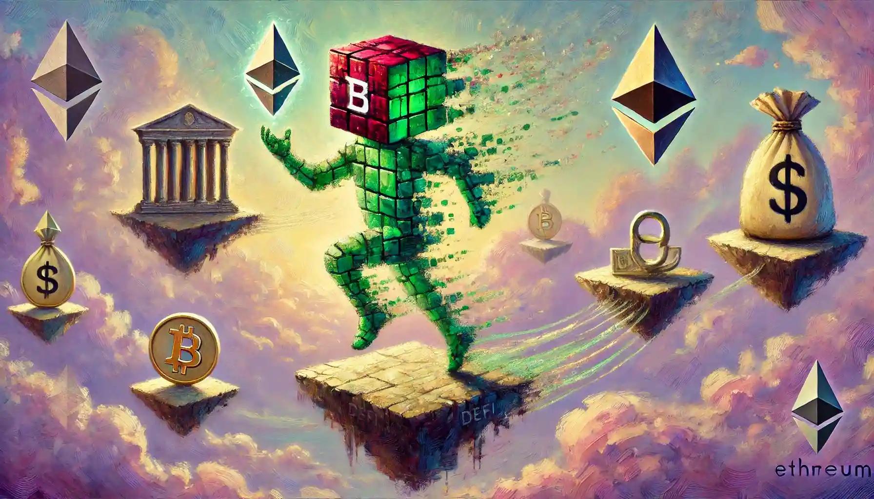 Impressionist robot jumps across floating institutional finance islands