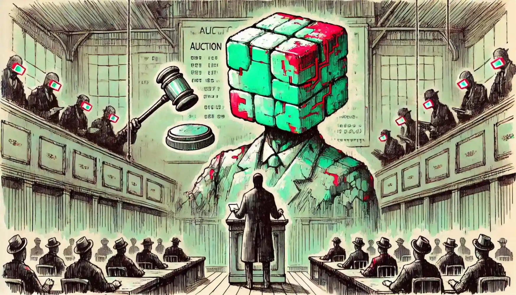 Ink-style auction scene where a faceless robot bids on mystery