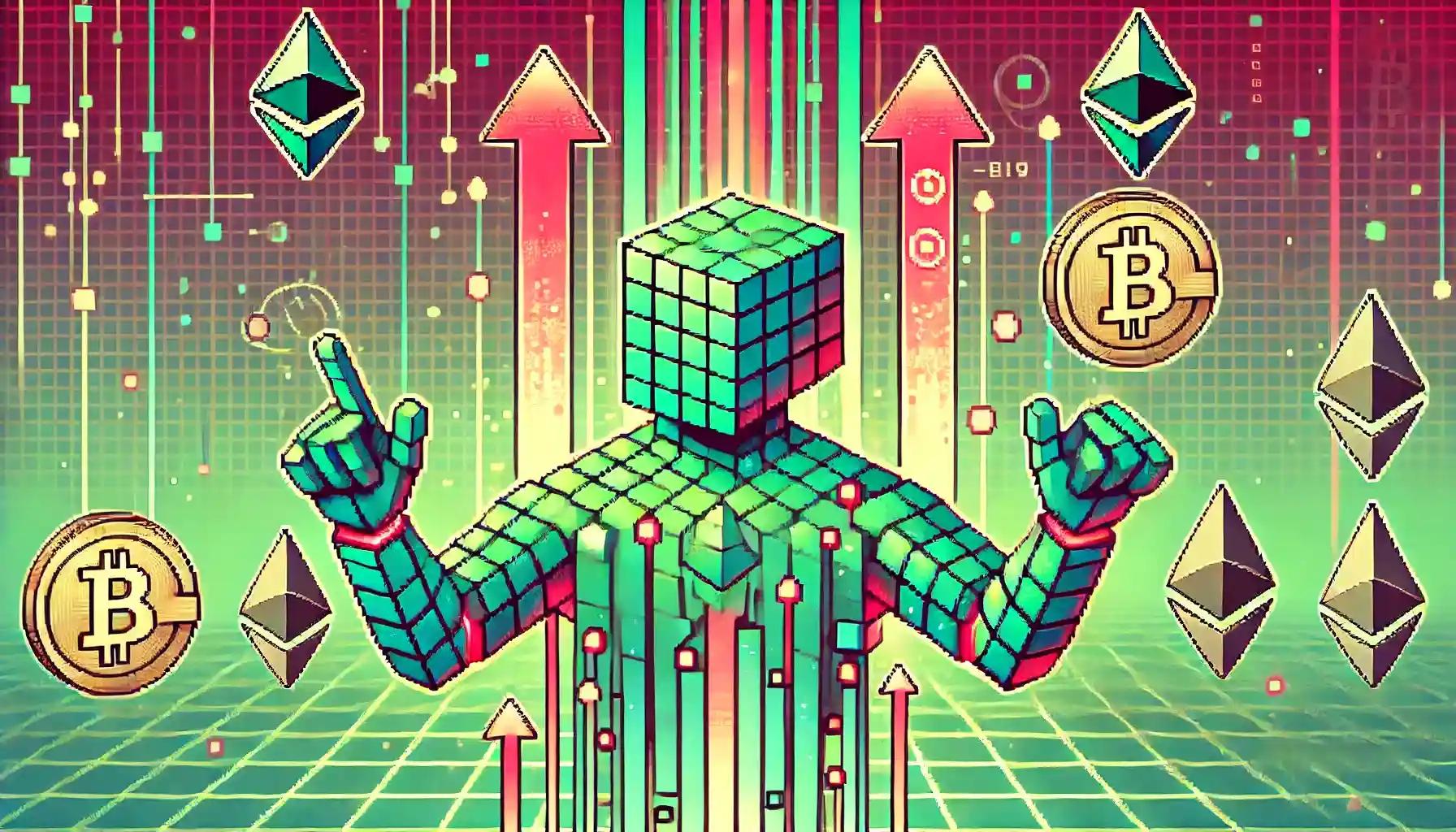 Institutional crypto robot pointing at arrows amid blockchain lights