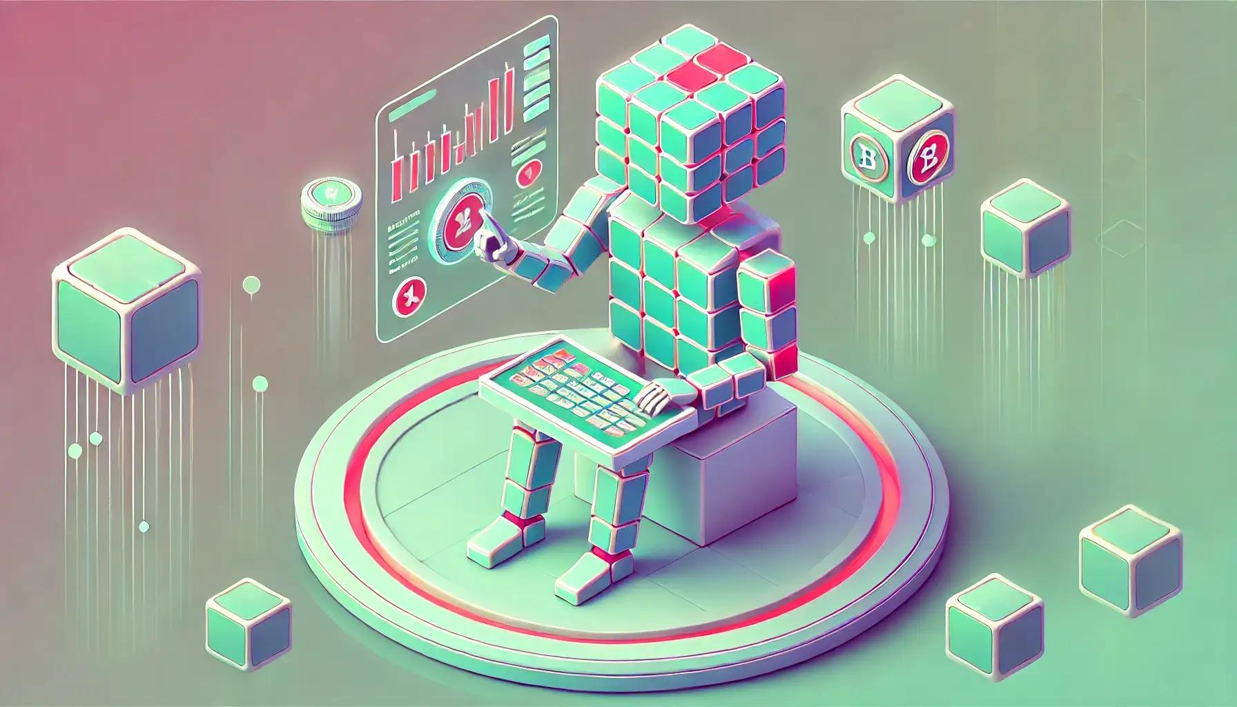 Isometric faceless robot trades tokenized stocks in a futuristic exchange