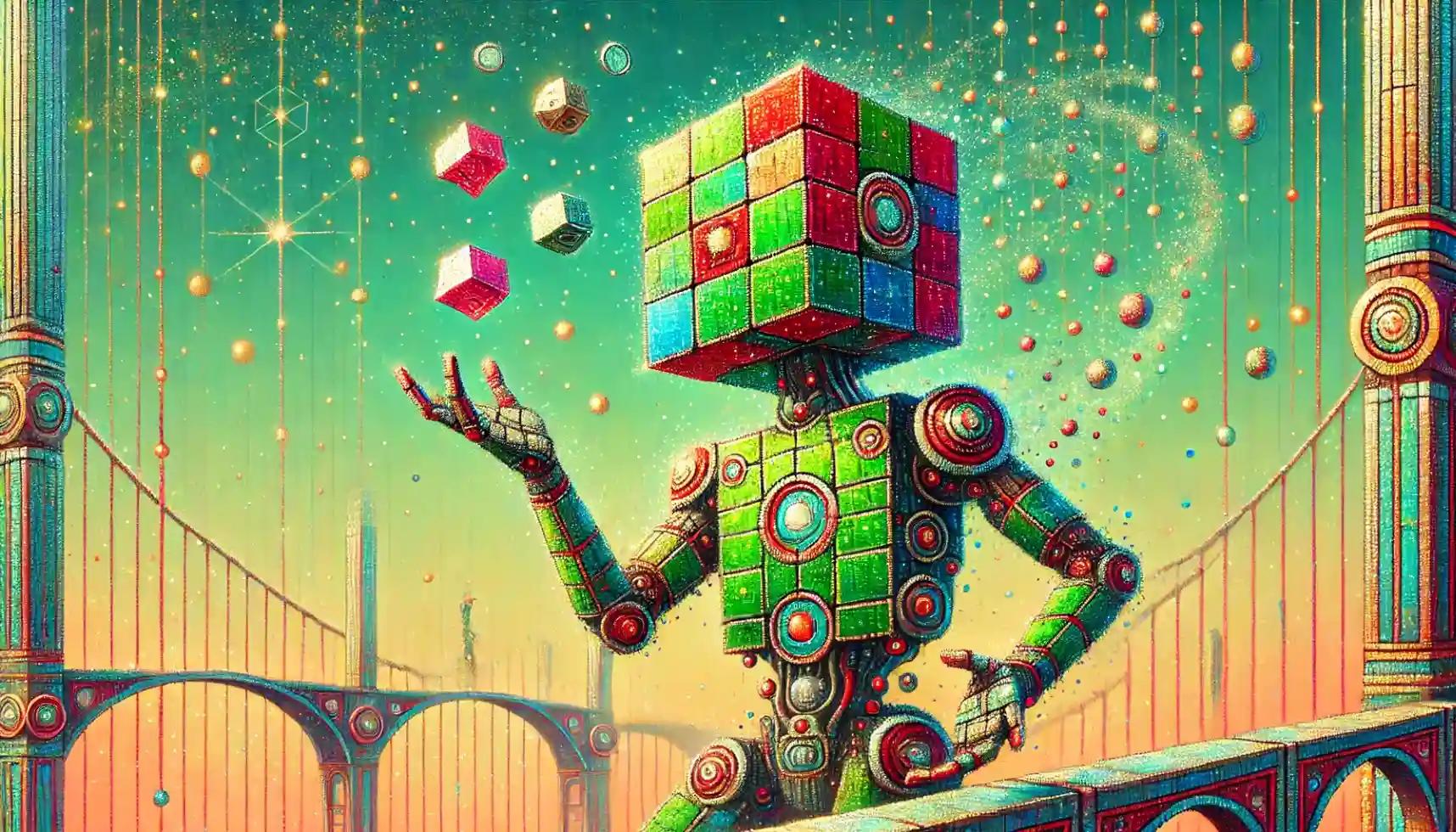 Juggling tokens atop pastel bridge, robot signifies speculative frenzy