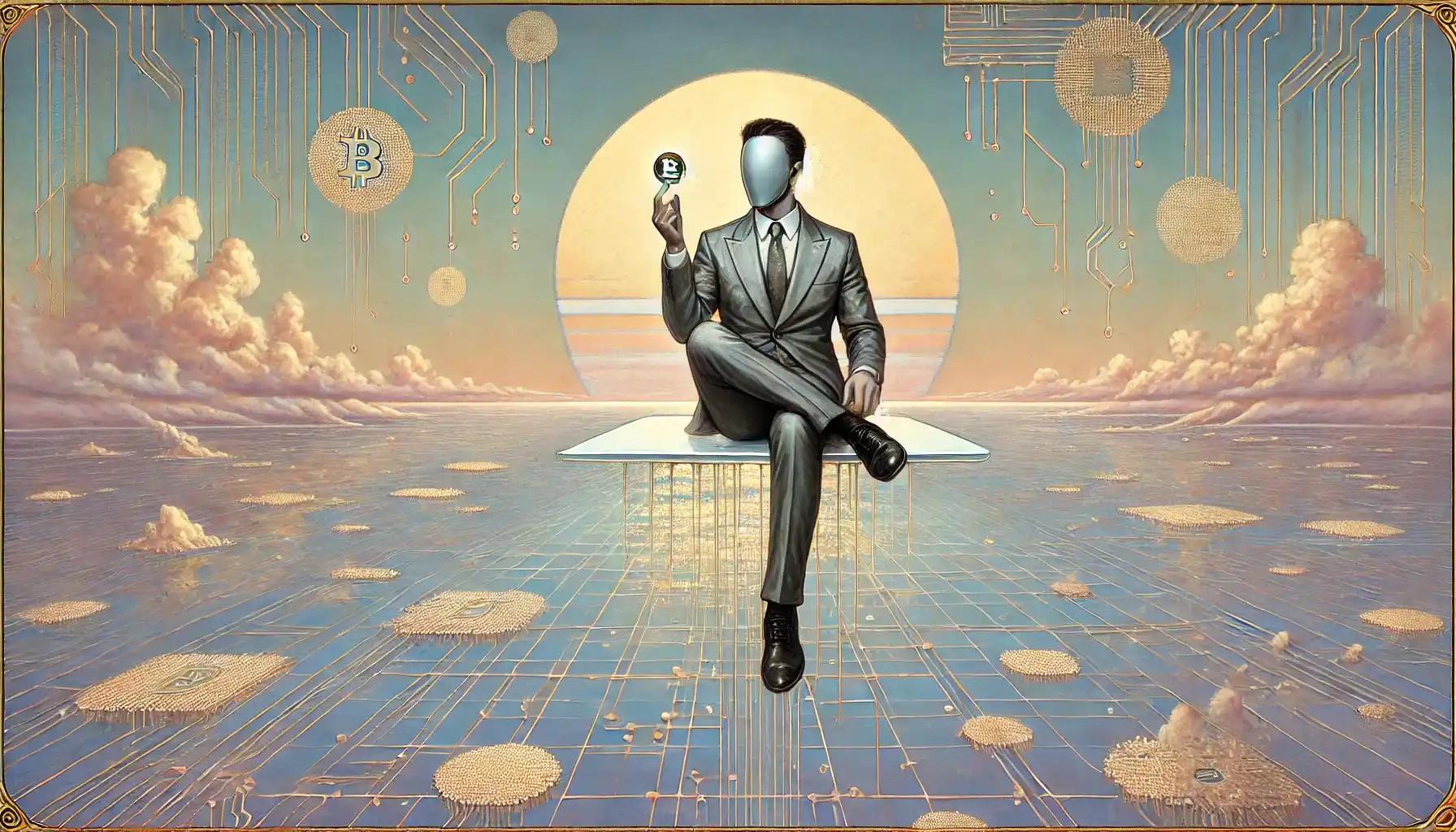 Metallic figure holding glowing coin above pastel ocean with circuits