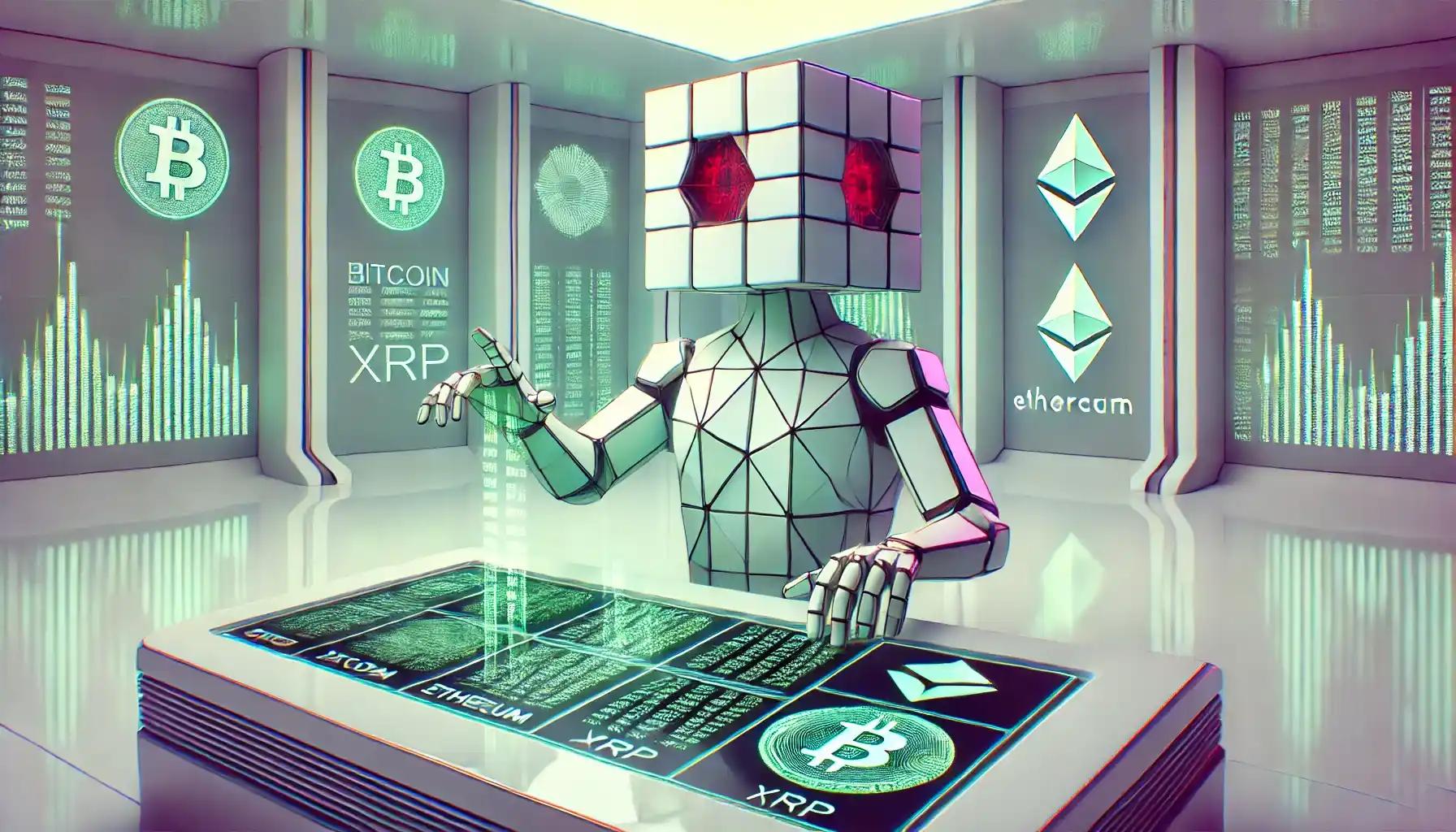 Minimalist AI robot analyzes crypto charts in a futuristic setting