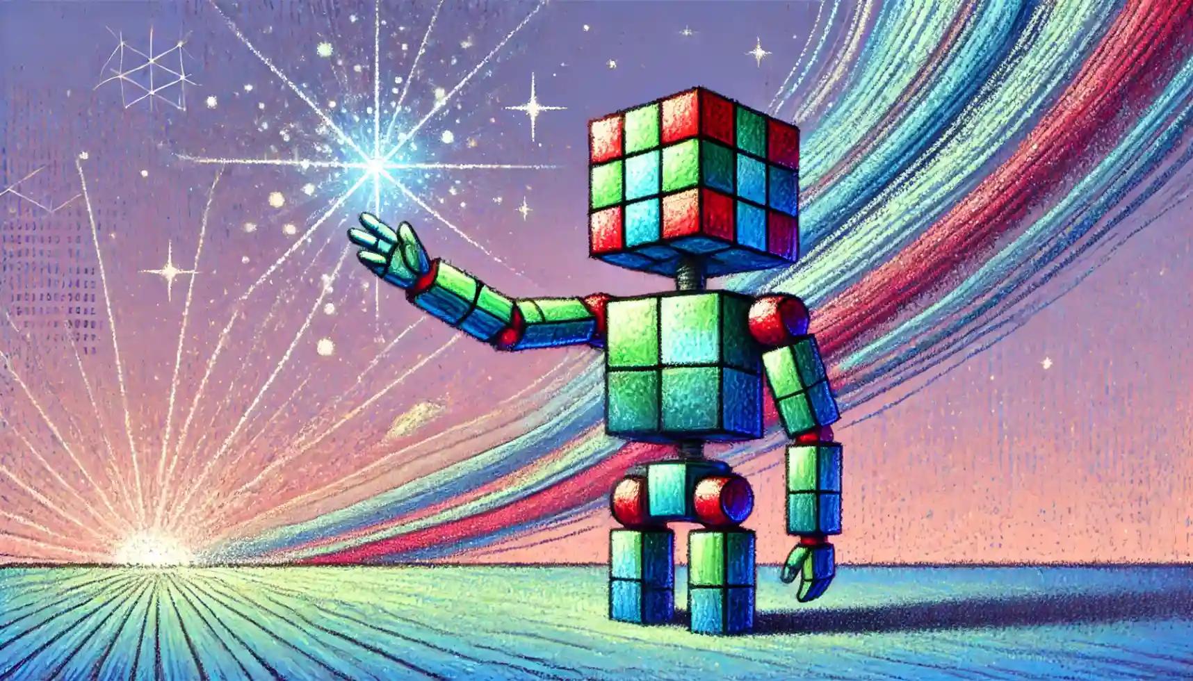 Mosaic-covered cubic robot releasing data streams toward decentralized