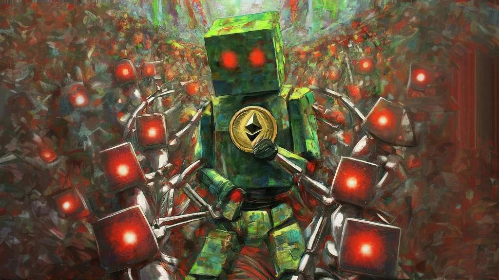 Mosaic robot defends Ethereum coin in digital colosseum