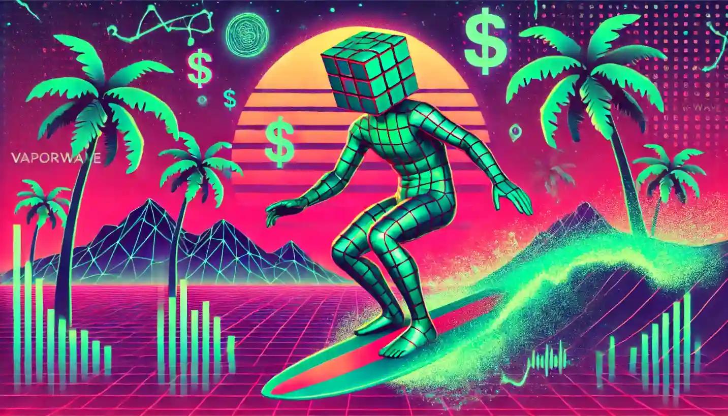 Neon robot surfing Bitcoin ETF waves in a vaporwave skyline