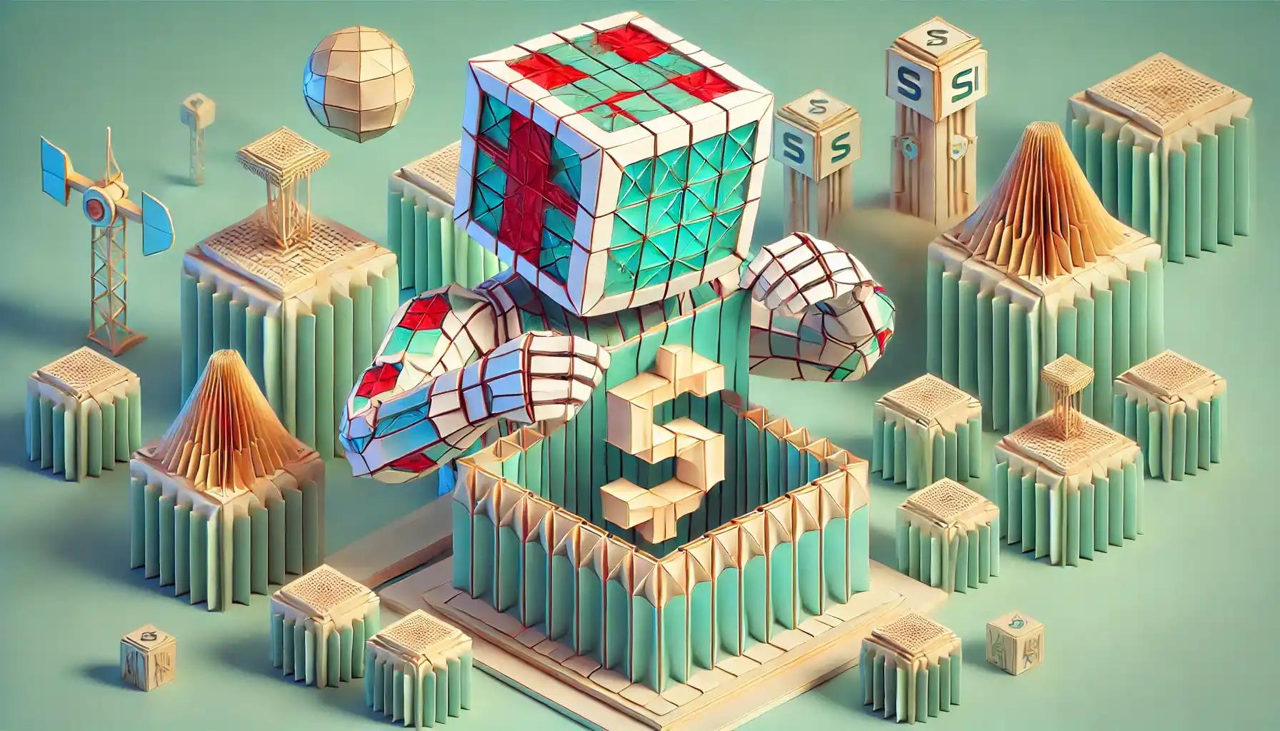 Origami robot unfolding an AI token from paper blockchain