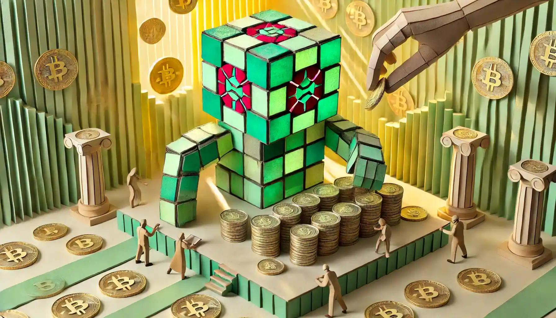 Paper-mâché robot assembles Solana coins into institutional structures