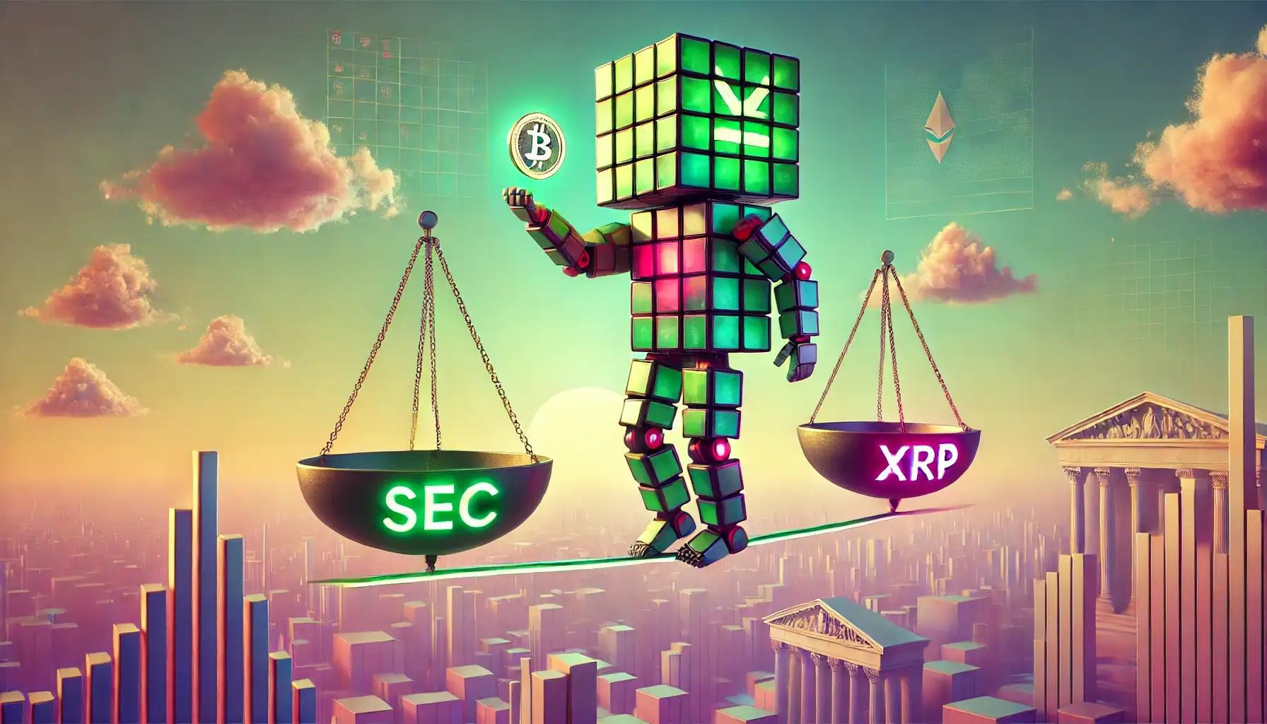 Pastel-style robot balances Solana and XRP tokens on scales
