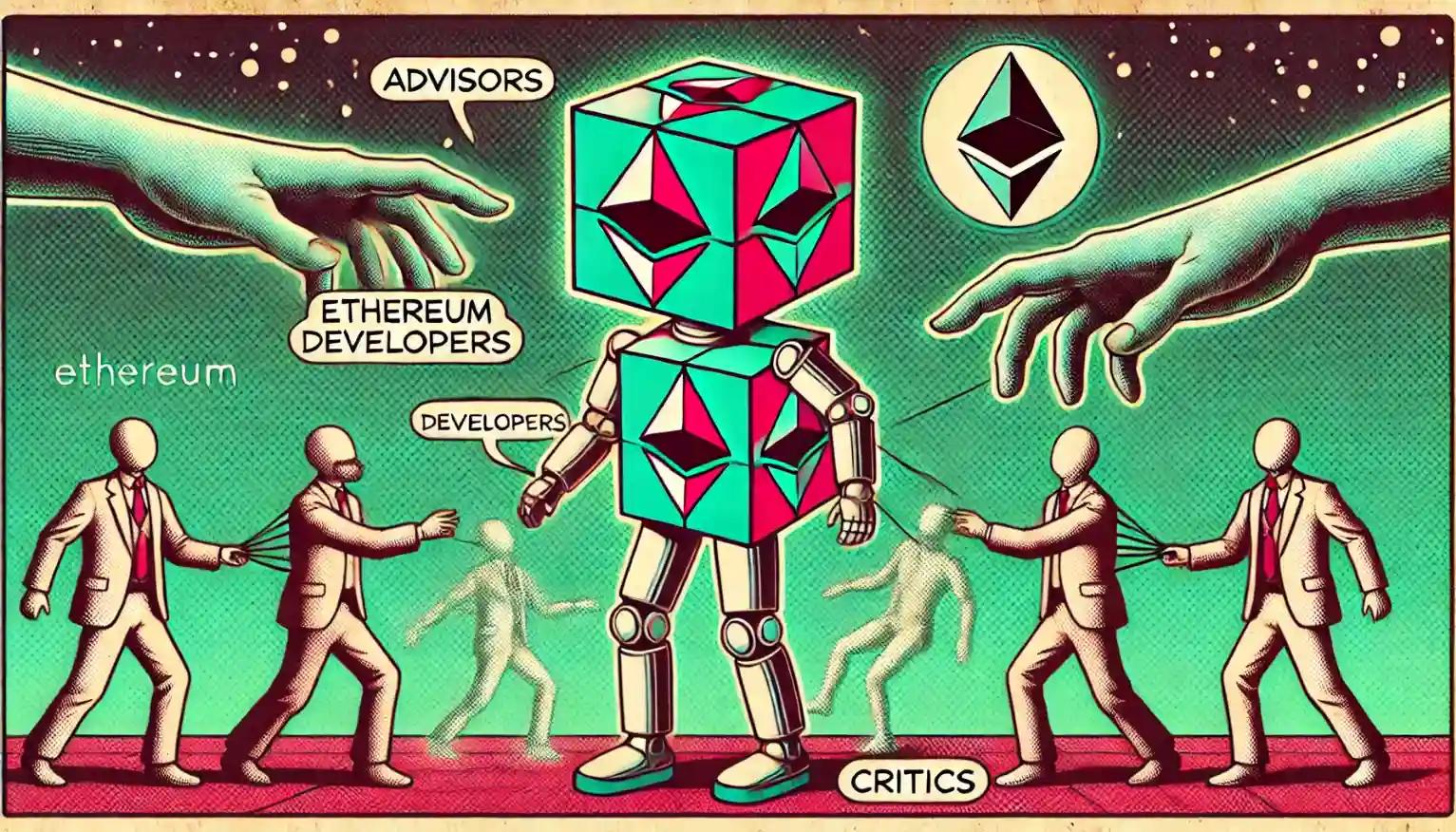 Retro-futuristic robot in a chaotic Ethereum power struggle