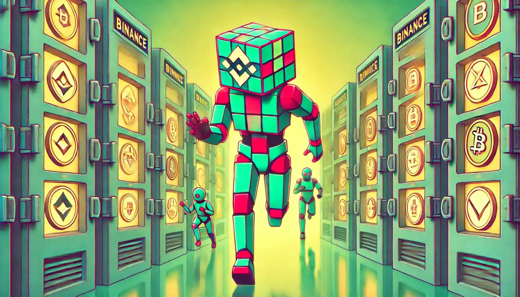 Retro-style robot rushes through Binance vault doors of crypto tokens