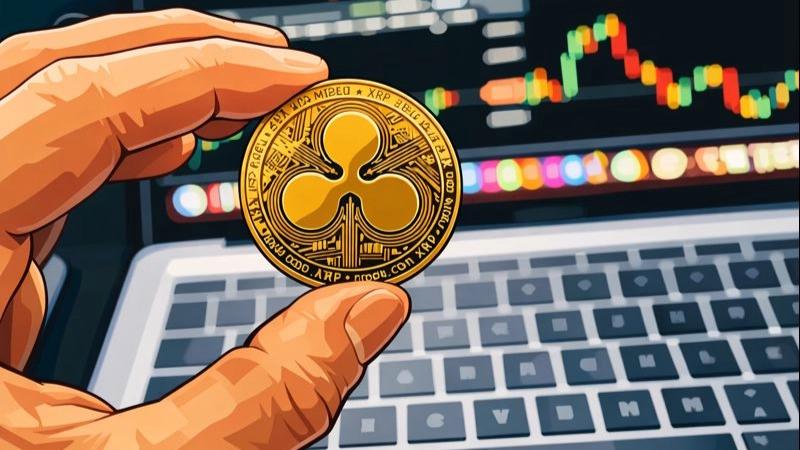 Ripple coin in hand with trading chart