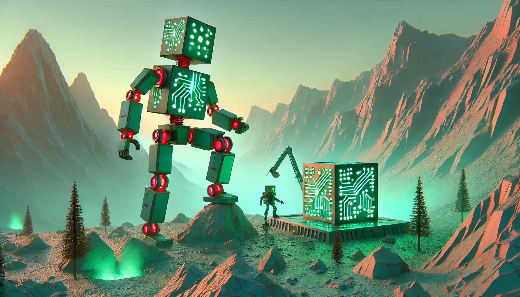 Robot activates mining rig in pastel cyberpunk mountain outpost