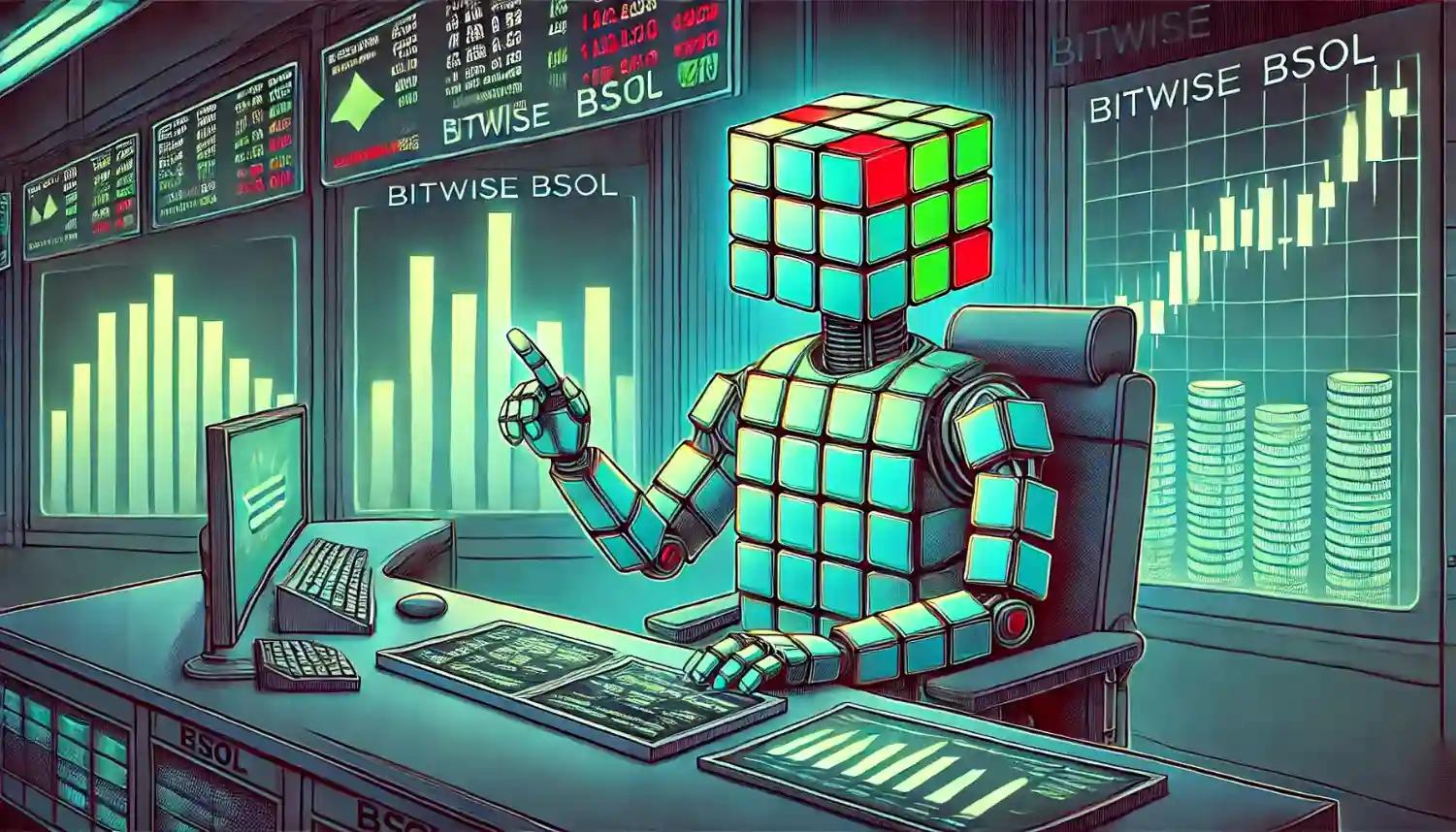 Robot analyzes coin market cap data from Solana ETF dashboards