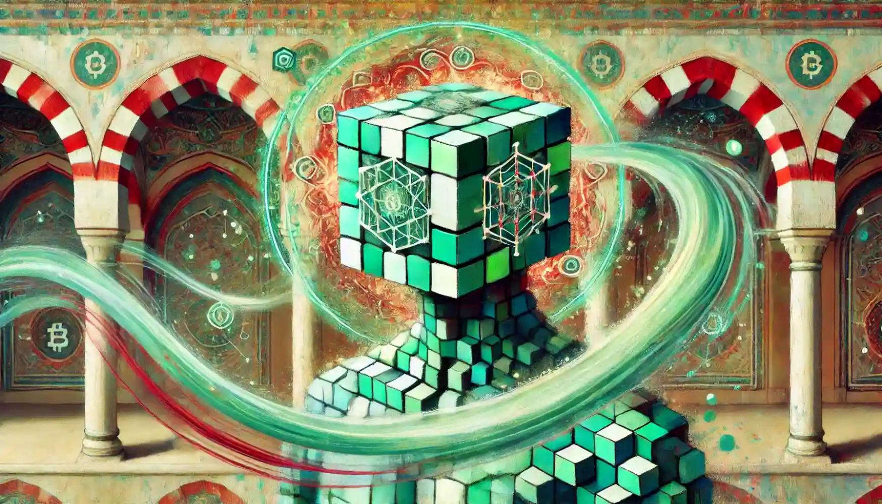 Robot analyzing blockchain in Ottoman arches