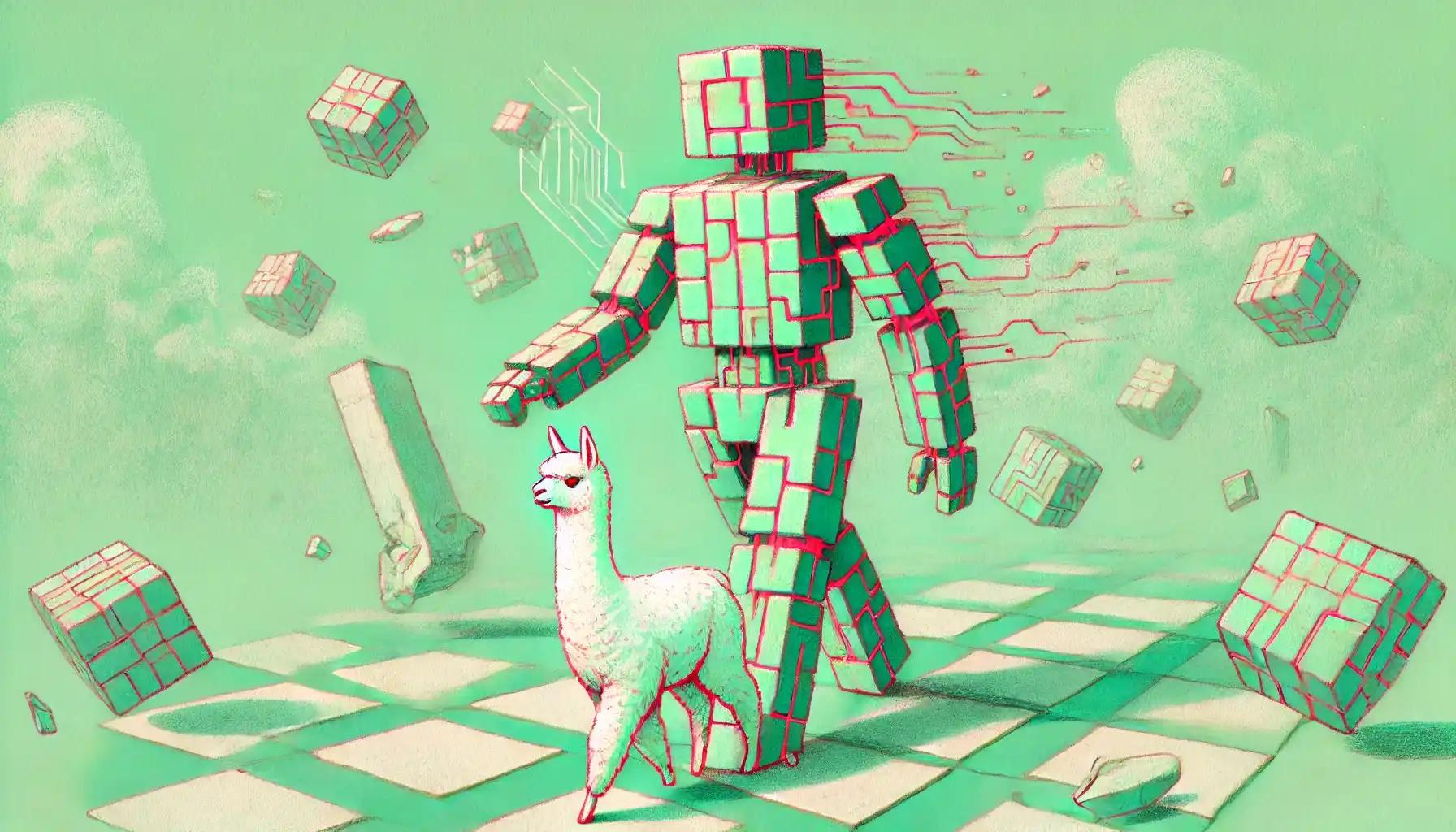 Robot and alpaca sprint across breaking tiles amid crypto price chaos