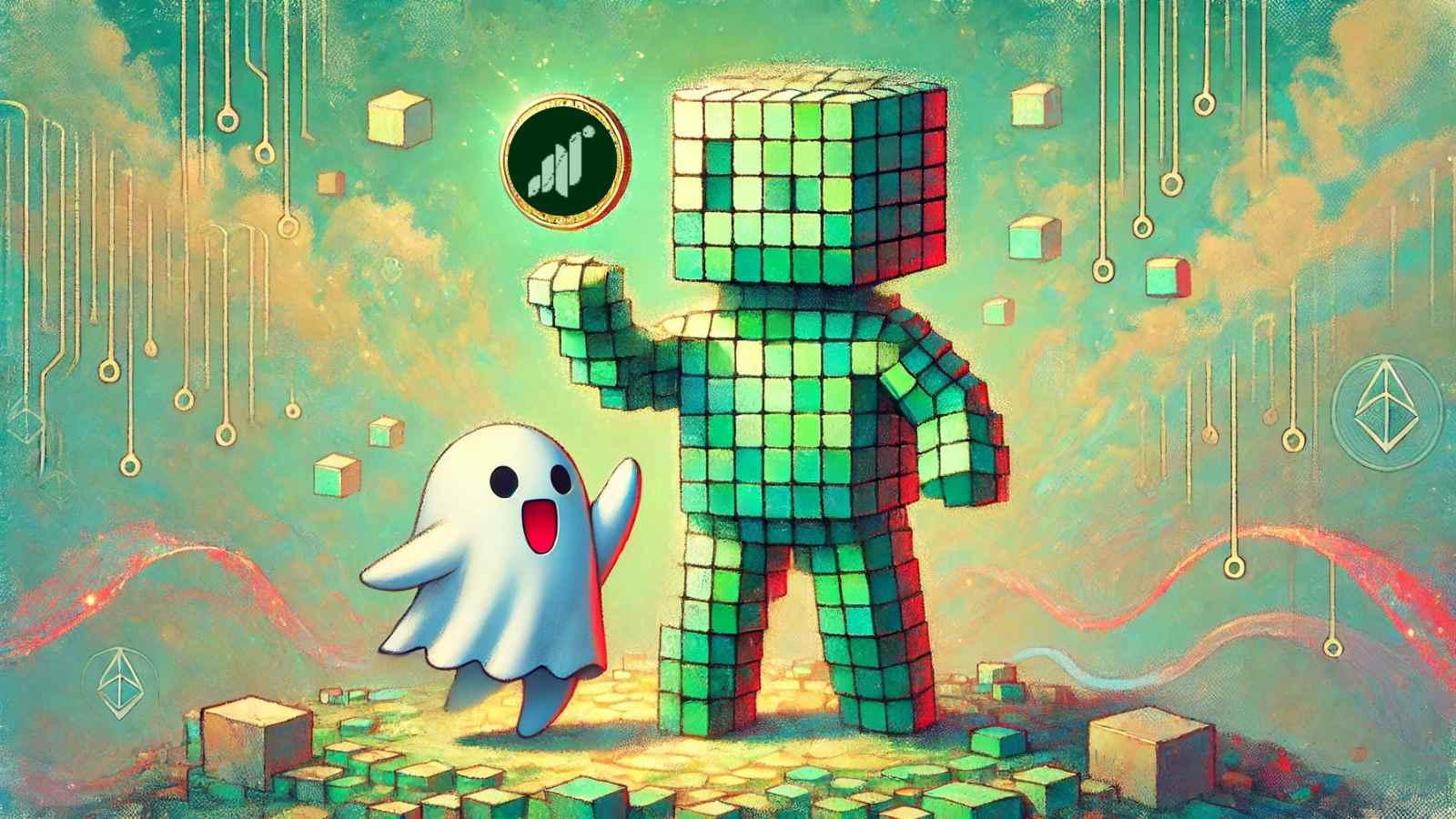 Robot and ghost balancing Solana token in blockchain universe