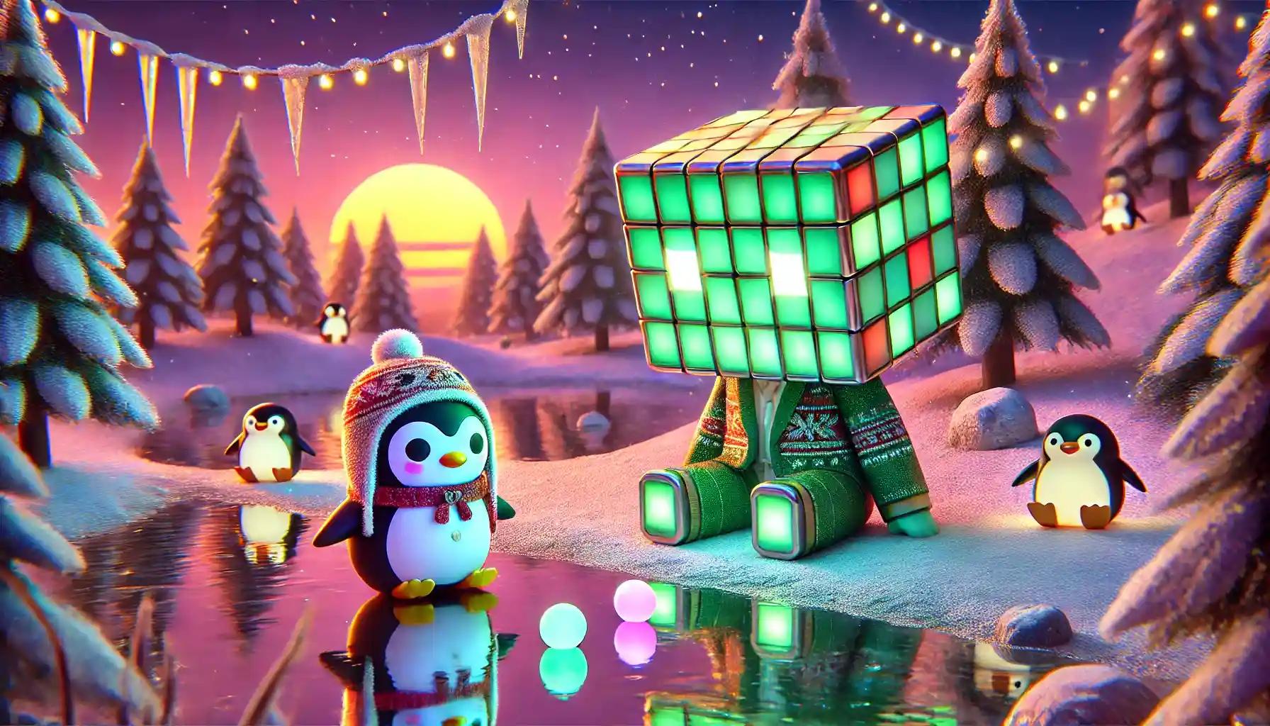 Robot and penguin at glowing lake, tossing PENGU tokens