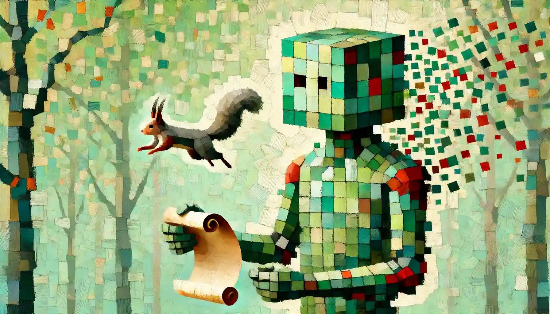 Robot and squirrel in pastel forest background, holding a scroll
