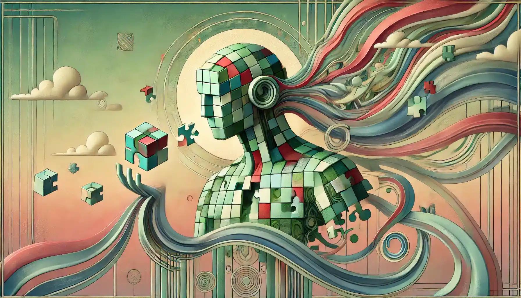 Robot assembles DeFi puzzles amid pastel digital blockchain streams