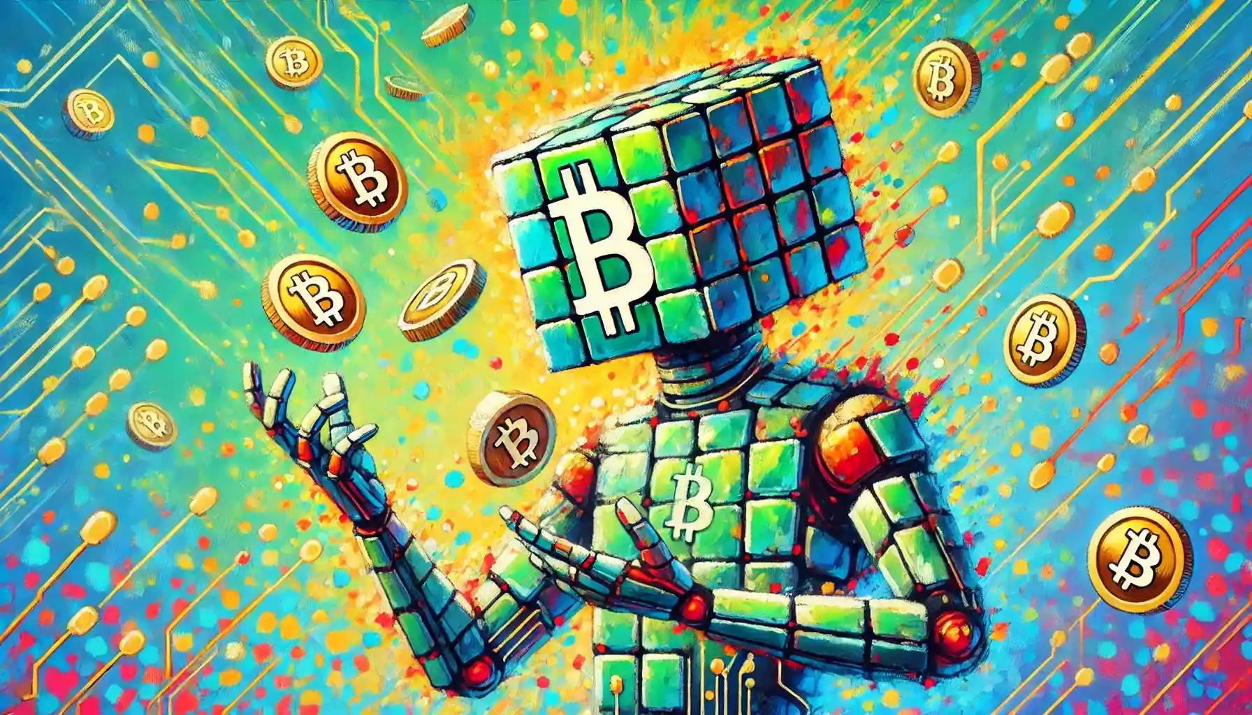 Robot assembling glowing Bitcoin cubes in circuitry-filled background