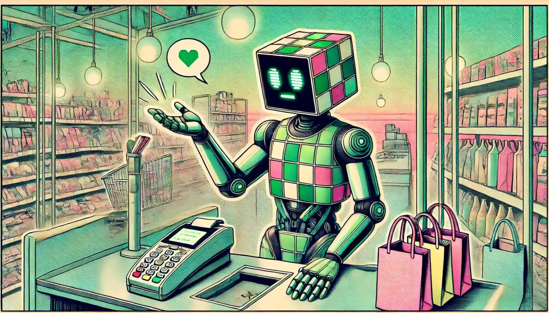 Robot at checkout, emitting payment signal, pastel shelves behind