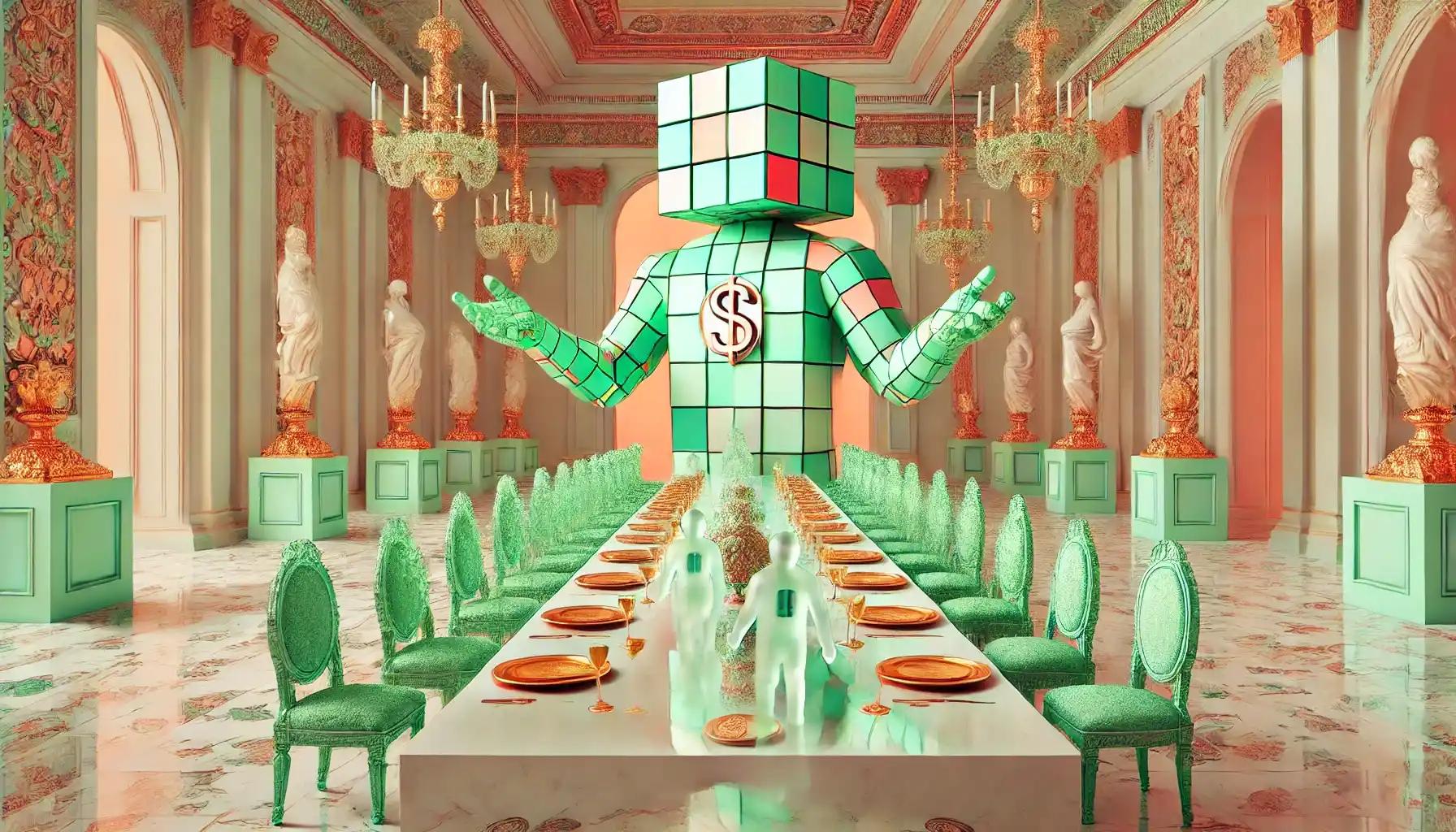 Robot at luxury banquet reflecting crypto price gala access