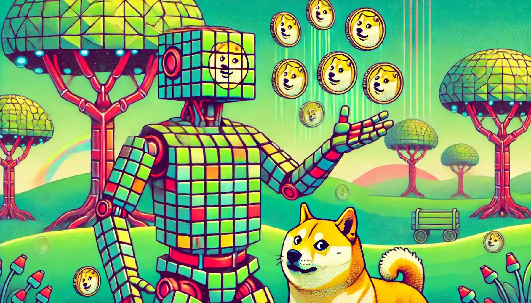 Robot atop Dogecoin podium, DOGE sitting proudly near beams