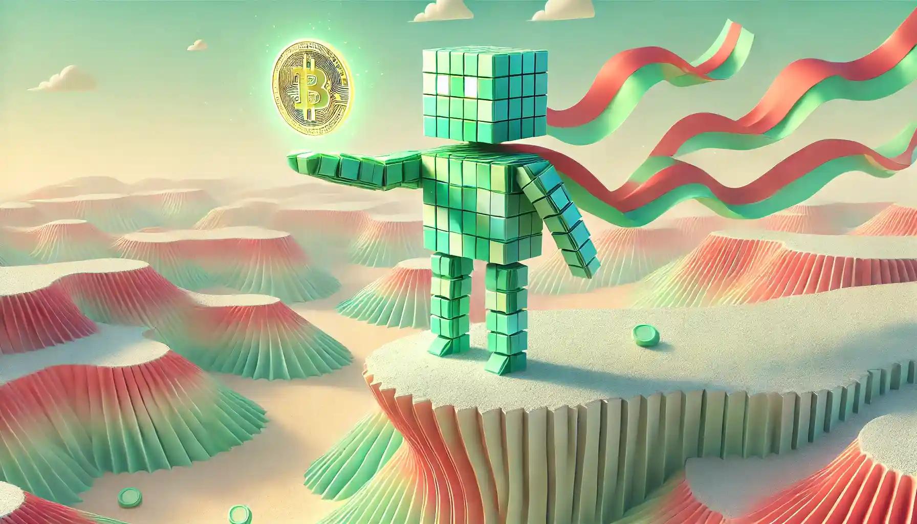 Robot atop a pastel cliff, projecting Bitcoin logo