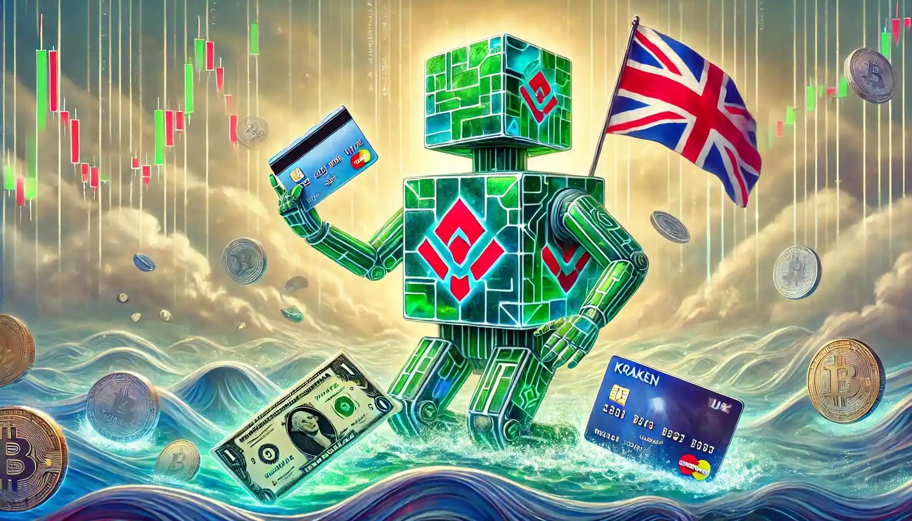 Robot balances UK flag and digital card in currency river