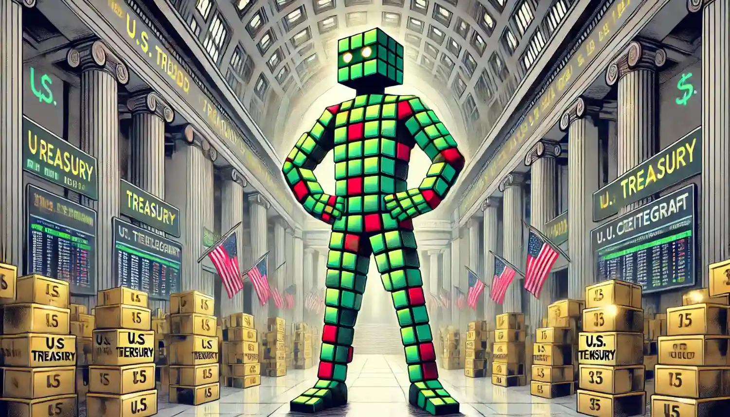 Robot balances U.S. Treasury certificates, showing Tether’s vast U.S. debt holdings