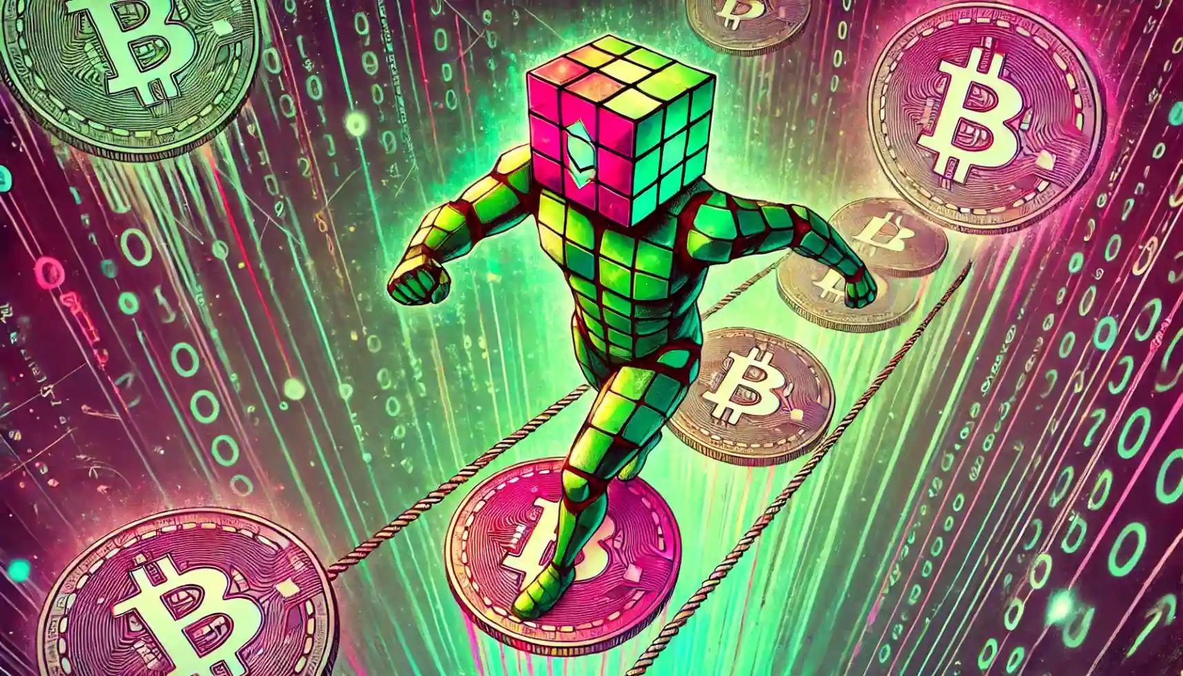Robot balances on glowing crypto bridge over pastel abyss