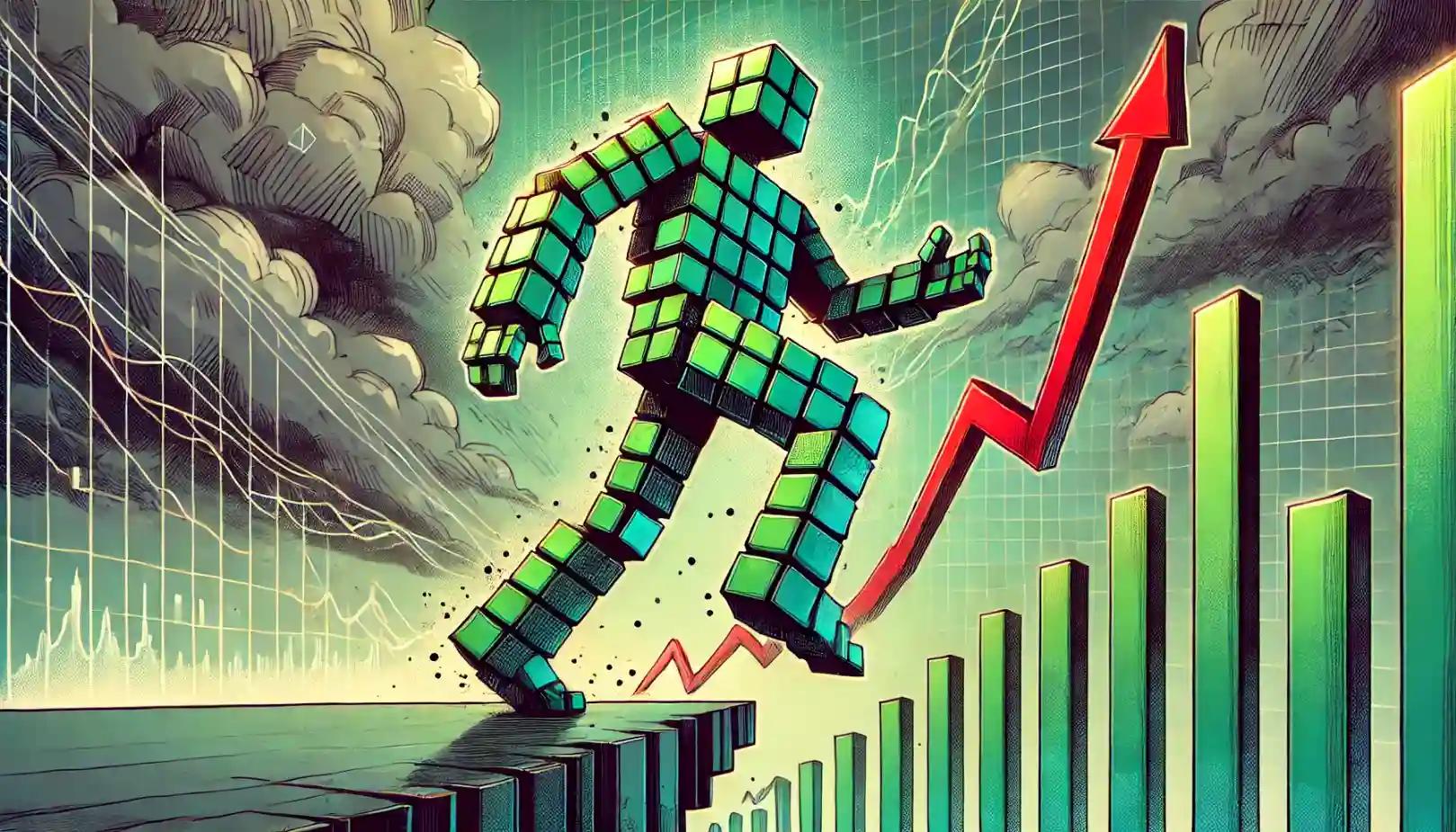 Robot balances on platform during volatile market price recovery