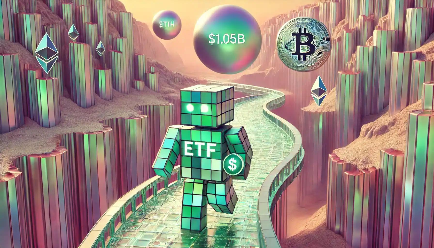 Robot balances pastel ETF orb along crypto inflow channel