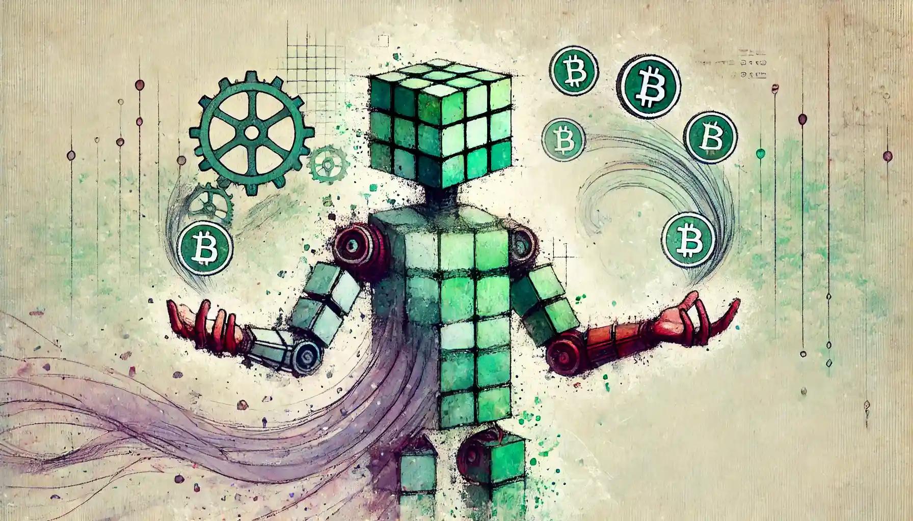 Robot balances spinning tokens between blockchains in pastel space