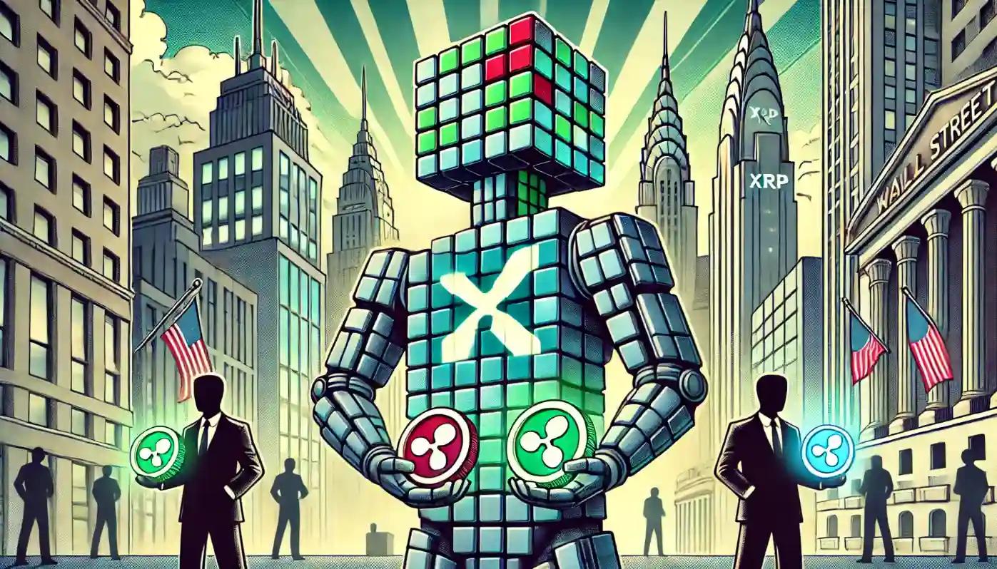 Robot balancing XRP coins amid Wall Street skyline showing crypto price index