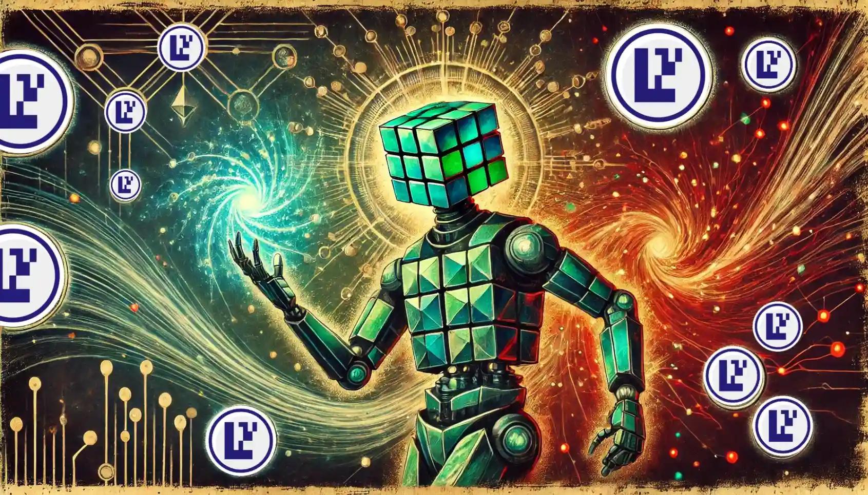 Robot balancing glowing orbs amid a chaotic crypto vortex