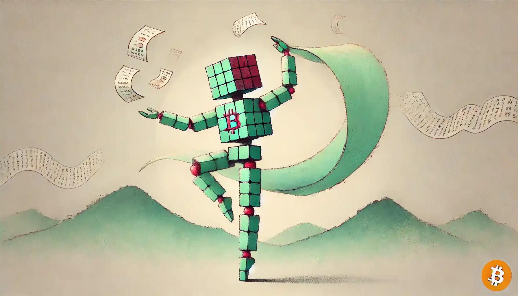 Robot balancing on Bitcoin scroll across pastel hills