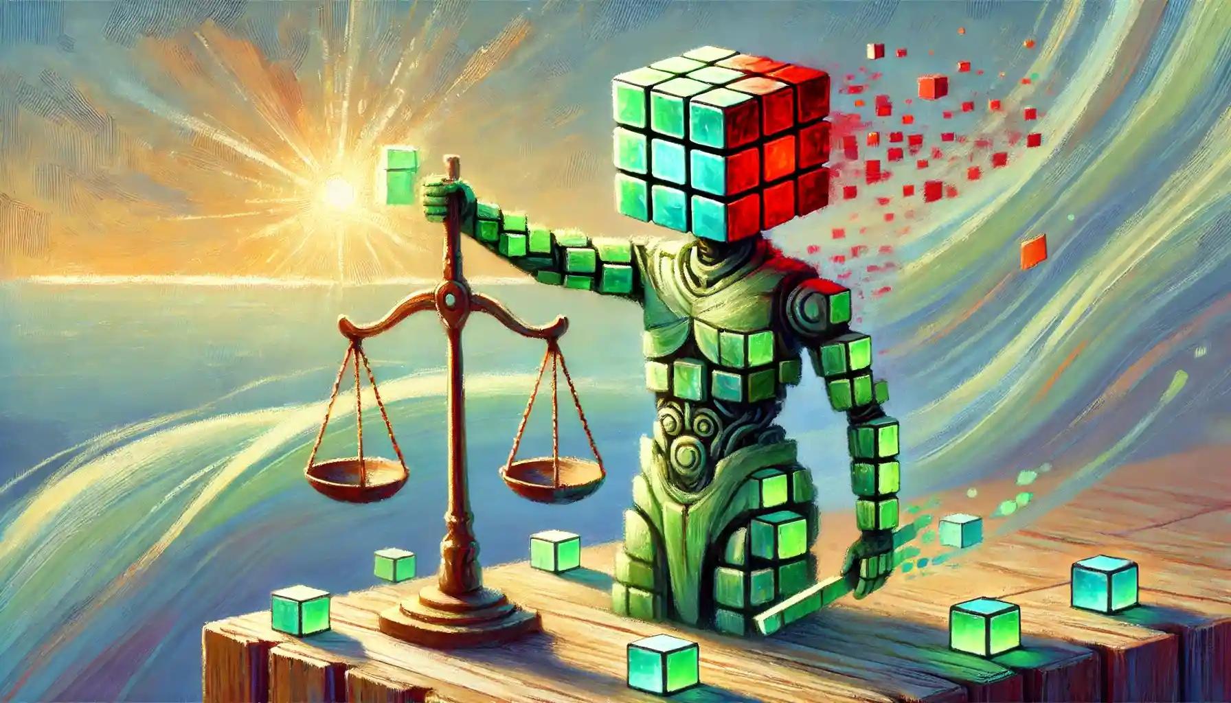 Robot building pastel digital tower under glowing law-inspired sunrise