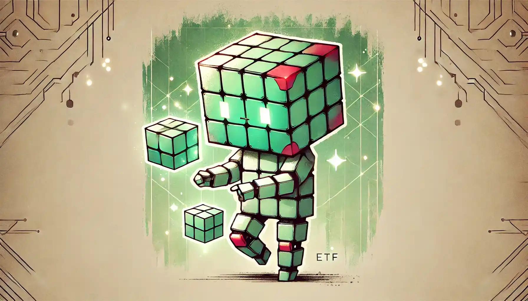 Robot builds ETF cubes amid glowing circuits and pastel hues