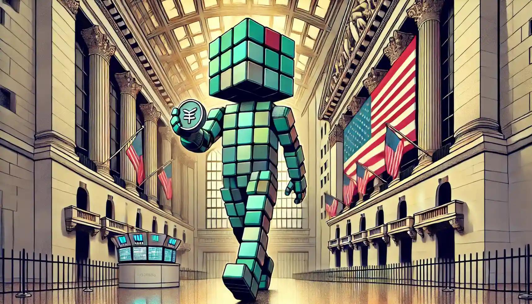 Robot carries grayscale ticker cube while crossing stylized NYSE trading concourse