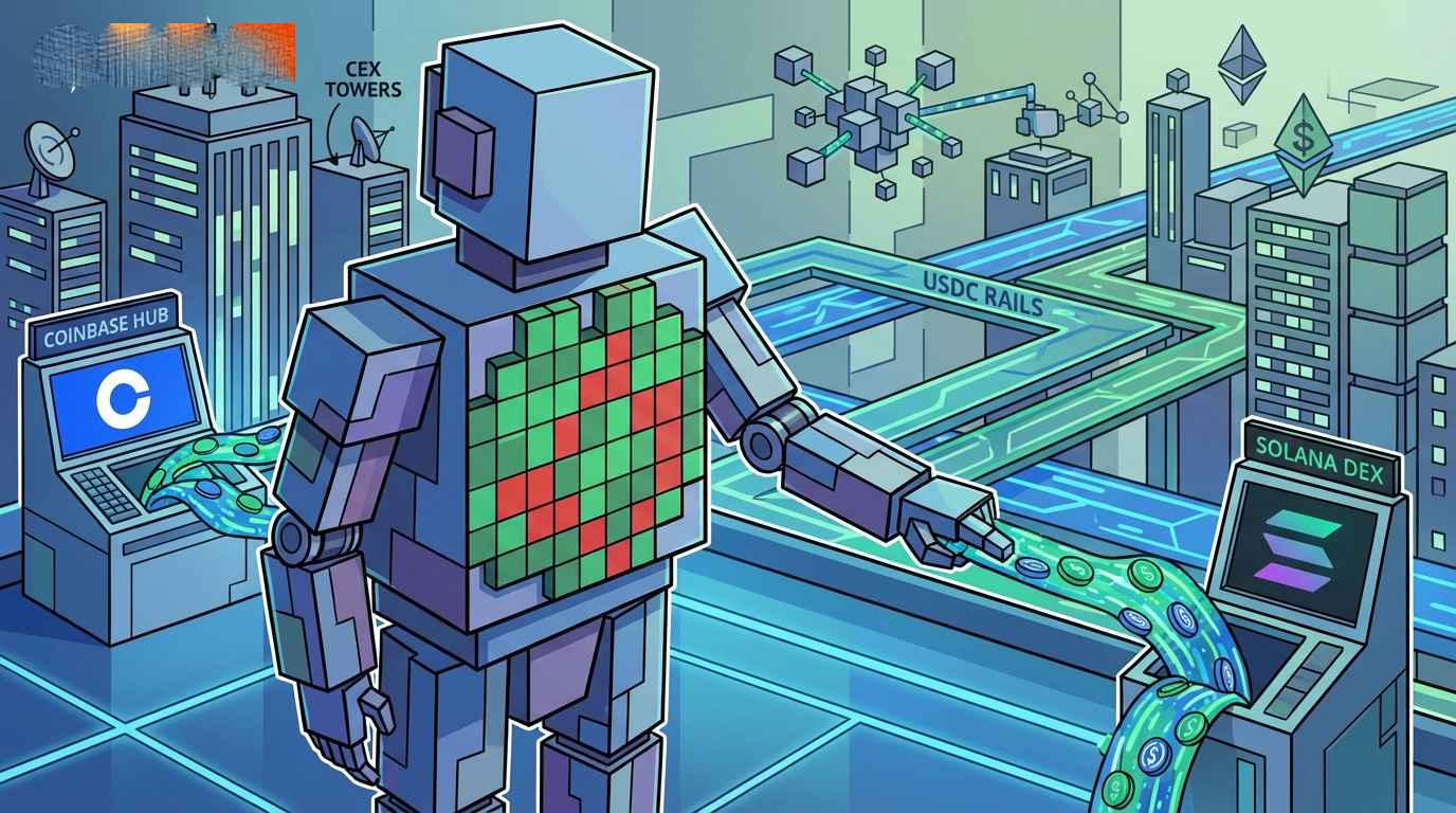 Robot channels hybrid Solana trading flow with crypto price index panels