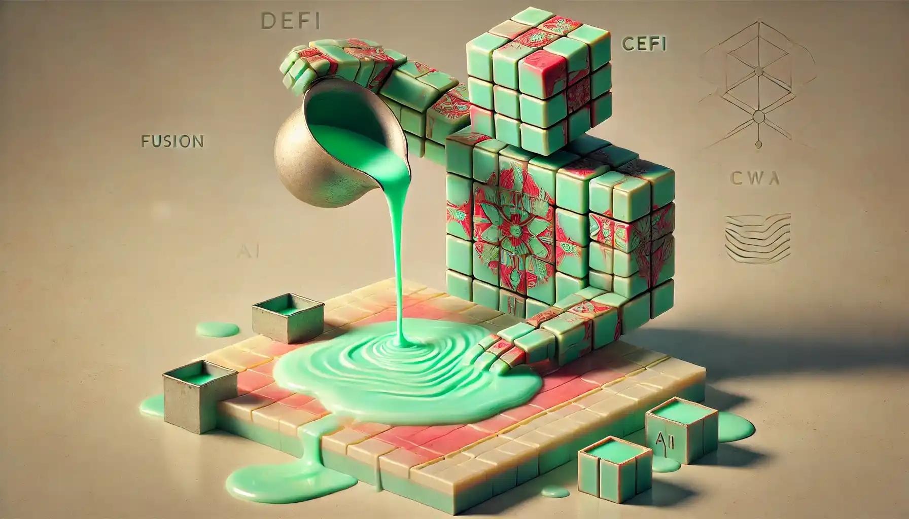 Robot channels mint wax into ledgers symbolizing DeFi and coin market cap