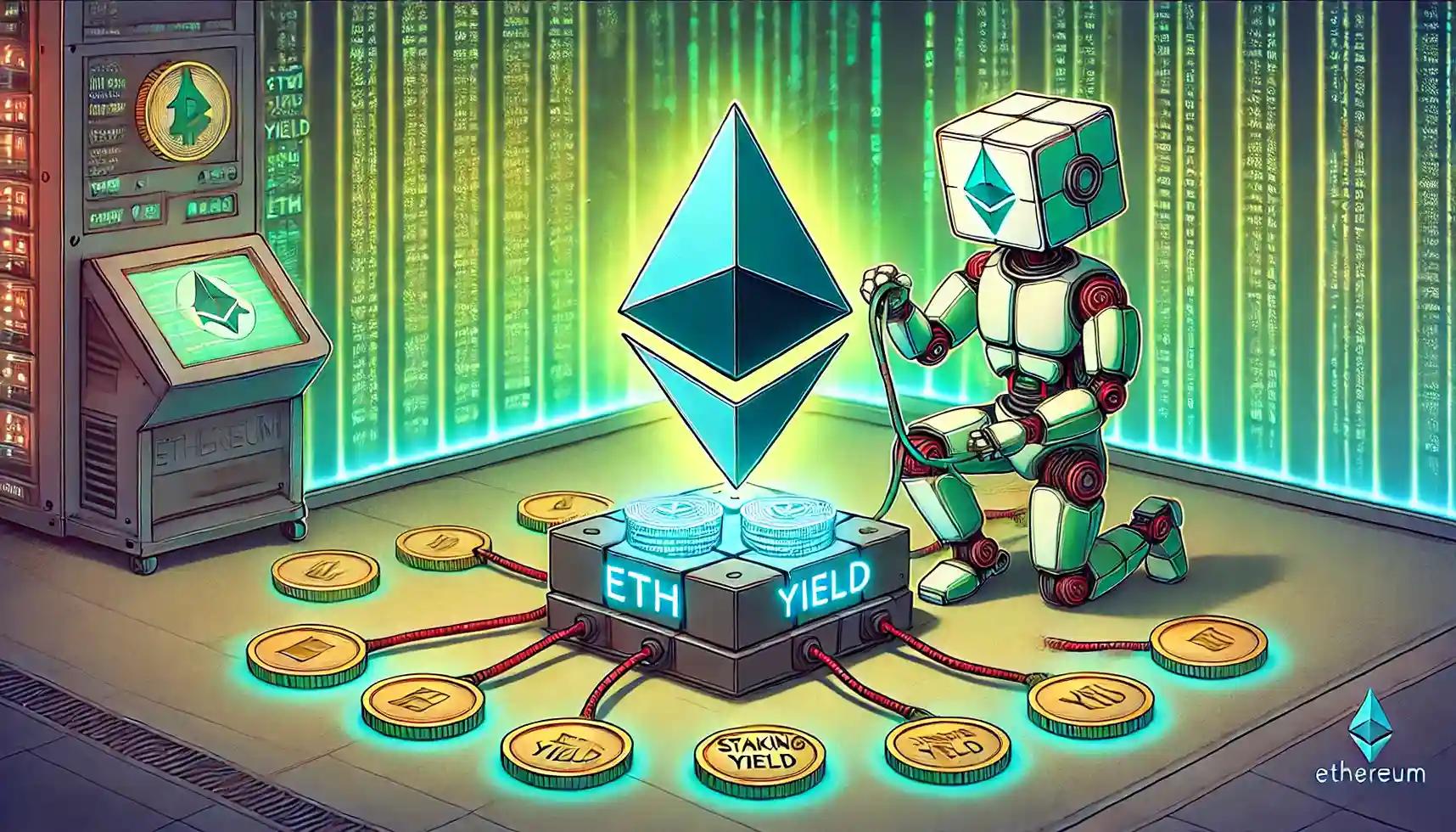 Robot connects glowing staking streams to Ethereum root symbol of crypto price