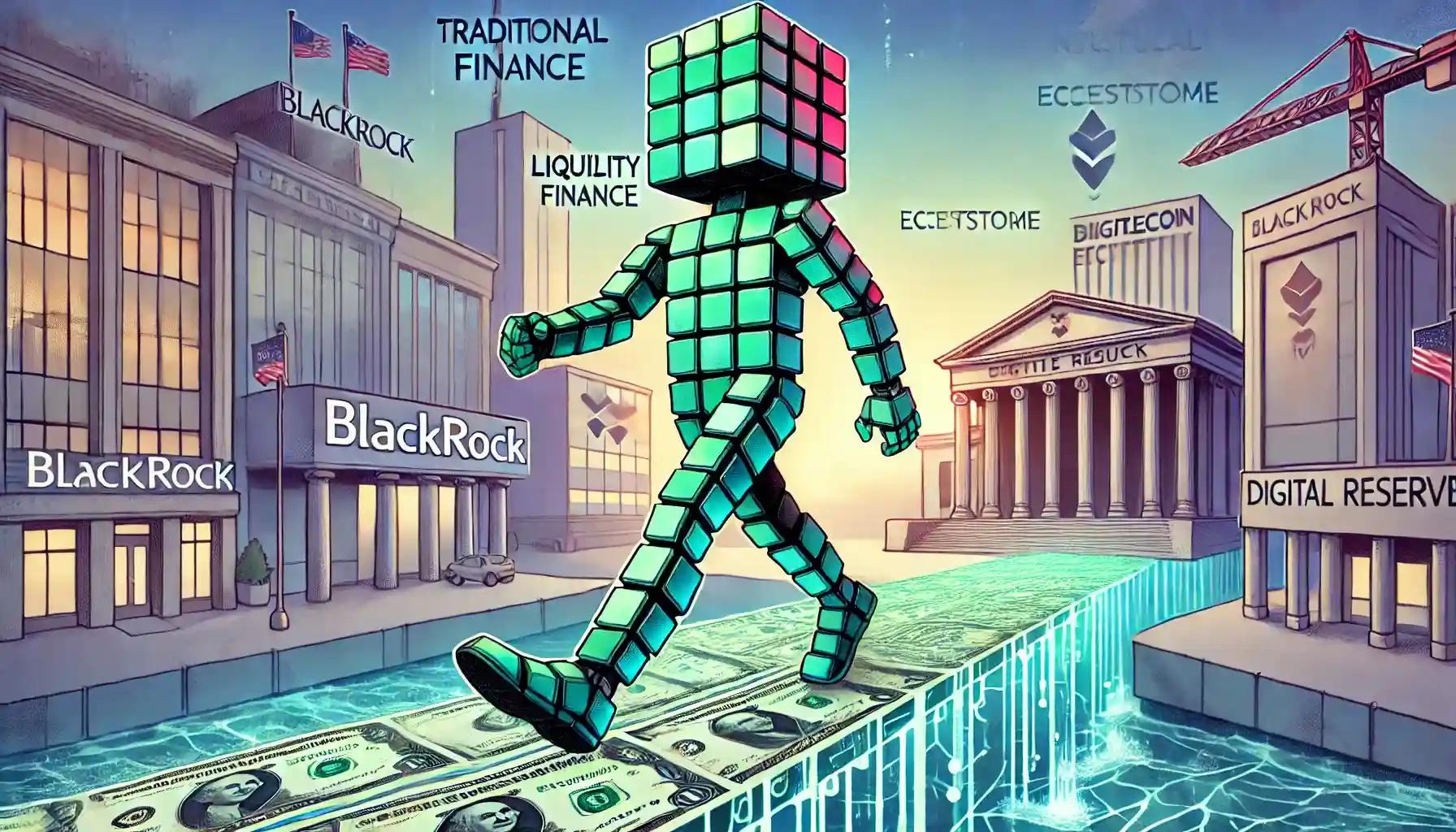 Robot crossing Treasury bridge linking finance to stablecoin ecosystem