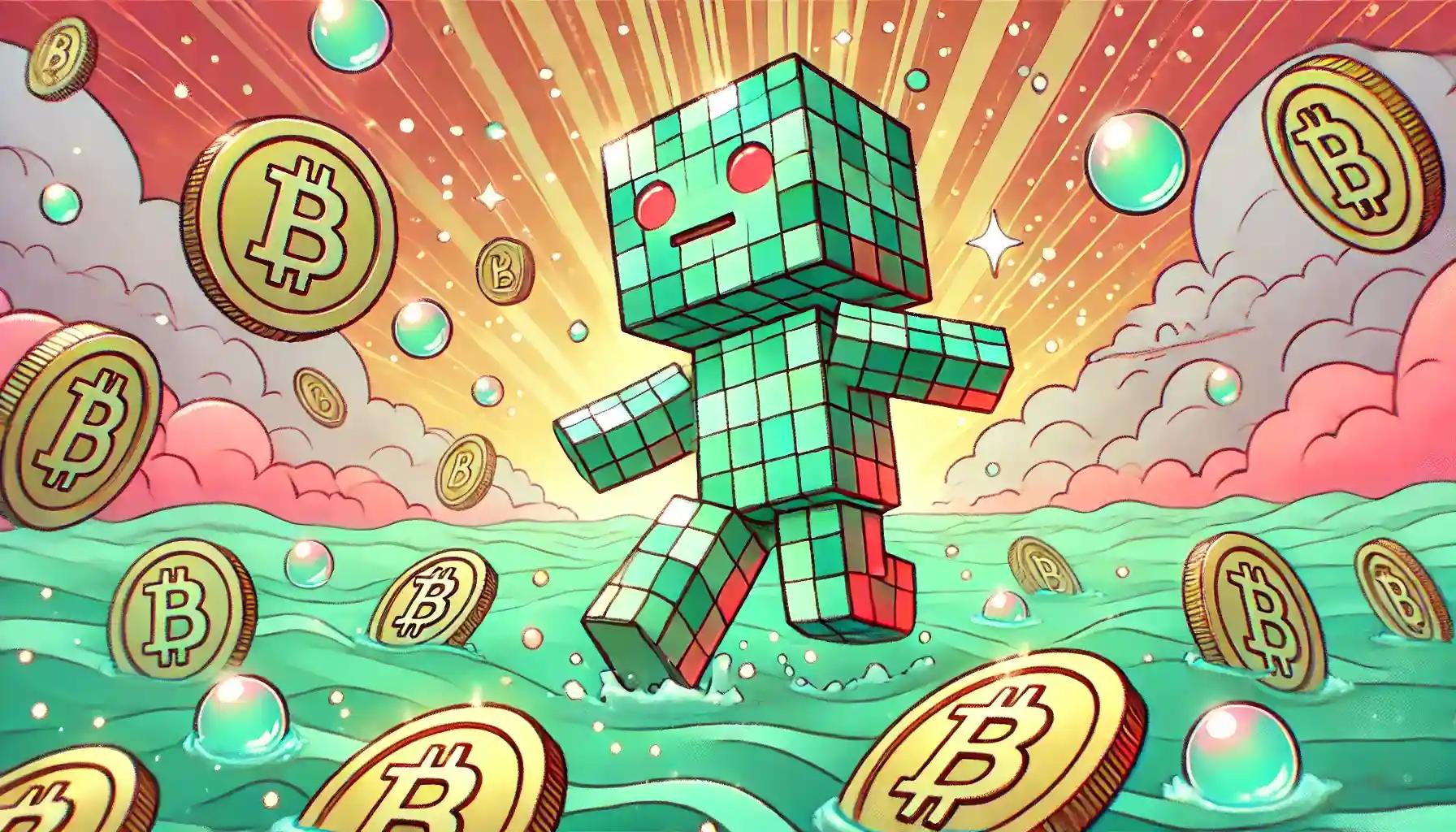 Robot dances on floating Bitcoin coins over pastel sea